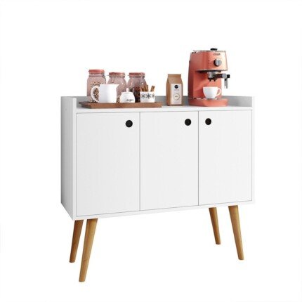 Aparador Buffet Wood Prime 3 Portas Cantinho Café Prateleira Organizadora Pés Palito Decoração Retrô – Branco – Rpm