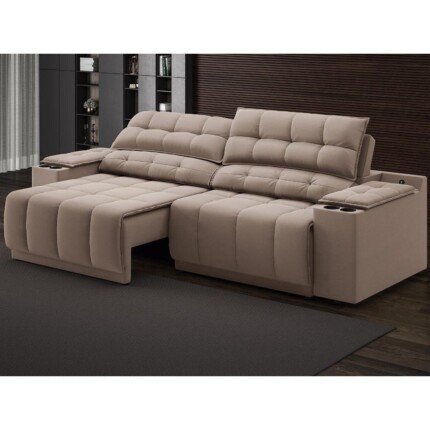 Sofá com Porta Copos Carregador USB Retrátil Reclinável Samurai 2 mt Velosuede Marrom