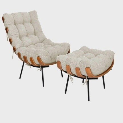 Kit Poltrona e Puff Costela Base Fixa Linho Bege – Straso Móveis