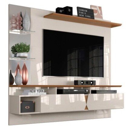 Painel para TV com Bancada Suspensa 55 Pol. Intense Off WhiteDamasco – Lukaliam Móveis