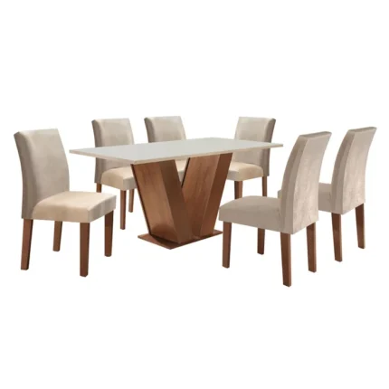 Mesa Tampo de Vidro 6 Cadeiras Espanha Chocolate/Off White/Suede Bege