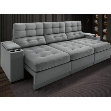 Sofá com Porta Copos e Carregador USB Eureka 2,30m Assento Retrátil e Reclinável Velosuede Grafite